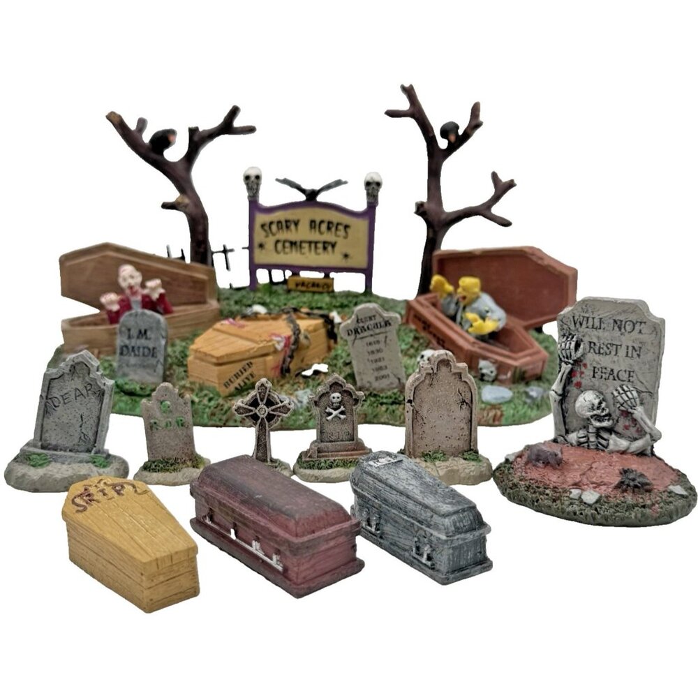 Lemax Spooky Town Scary Acres Cemetery Lot Halloween Village Coffins Graveyard